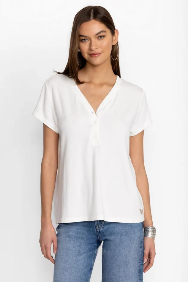 Women MODAL JERSEY BUTTON NECK TEE Bright White Johnny Was Tops Women MODAL JERSEY BUTTON NECK TEE Bright White Johnny Was Tops
