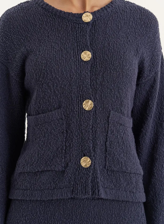 Women Navy Knitted Gold Button Front Cardigan Sharni 4th and Reckless Knitwear