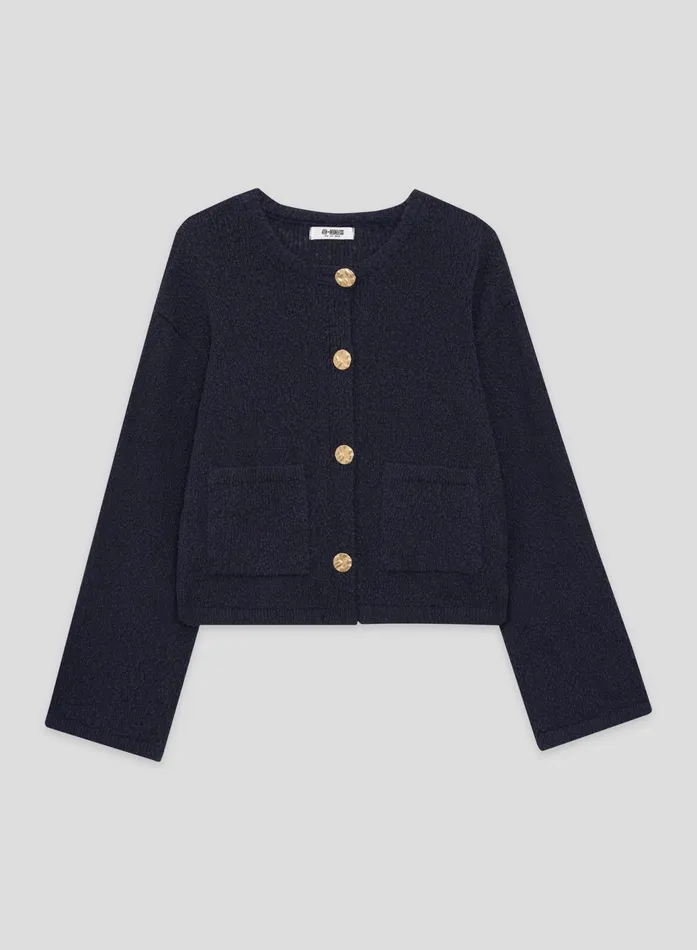 Women Navy Knitted Gold Button Front Cardigan Sharni 4th and Reckless Knitwear