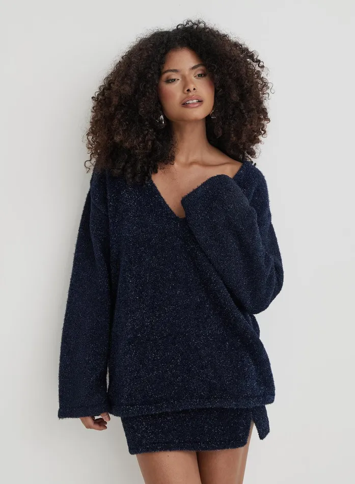 Women Navy Tinsel Knit V Neck Jumper Ennis 4th and Reckless Knitwear