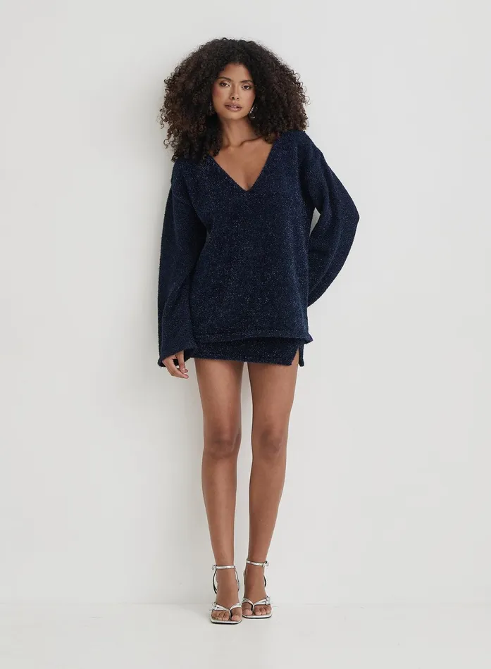 Women Navy Tinsel Knit V Neck Jumper Ennis 4th and Reckless Knitwear