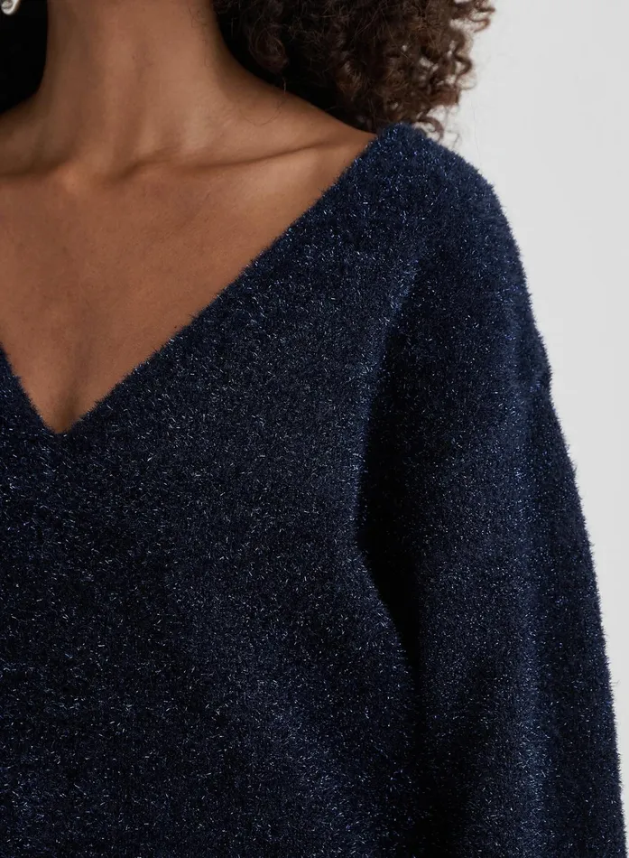Women Navy Tinsel Knit V Neck Jumper Ennis 4th and Reckless Knitwear