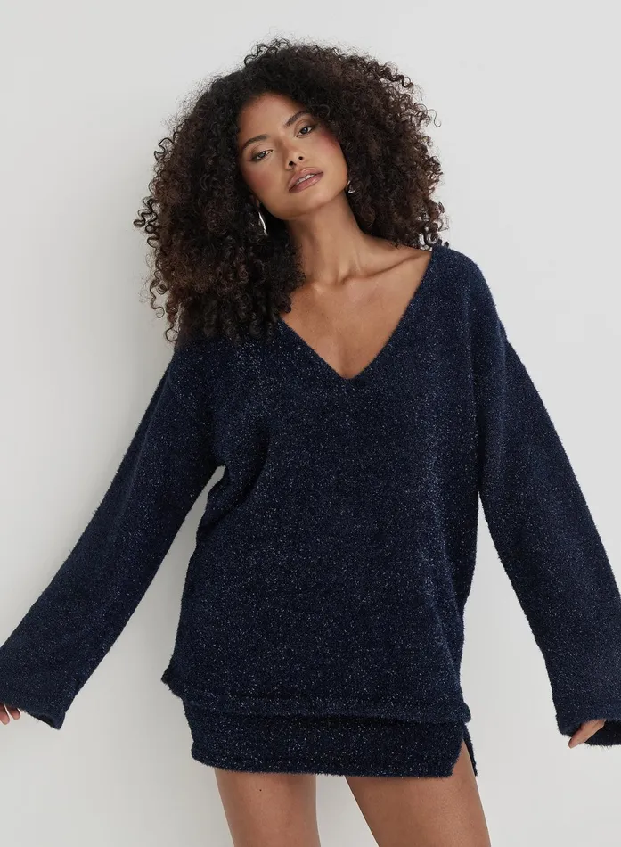 Women Navy Tinsel Knit V Neck Jumper Ennis 4th and Reckless Knitwear