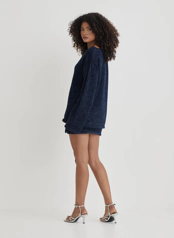 Women Navy Tinsel Knit V Neck Jumper Ennis 4th and Reckless Knitwear