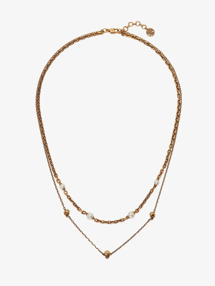 Women Necklaces And Pendants Alexander McQueen Pearl Skull Chain Necklace Antique Gold