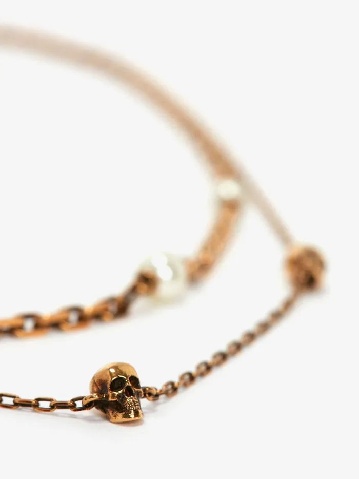 Women Necklaces And Pendants Alexander McQueen Pearl Skull Chain Necklace Antique Gold