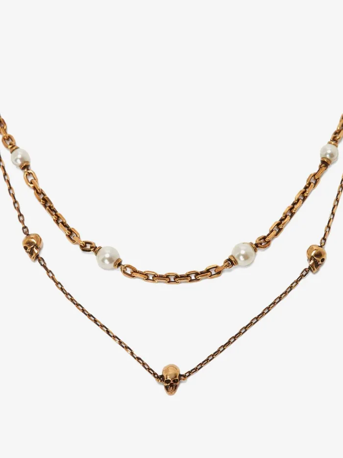 Women Necklaces And Pendants Alexander McQueen Pearl Skull Chain Necklace Antique Gold