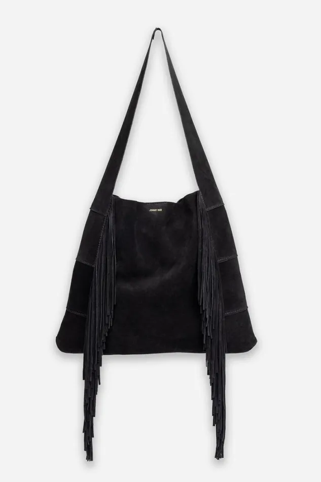 Women NERO ITALIAN SUEDE FRINGE HOBO Black Johnny Was Handbags