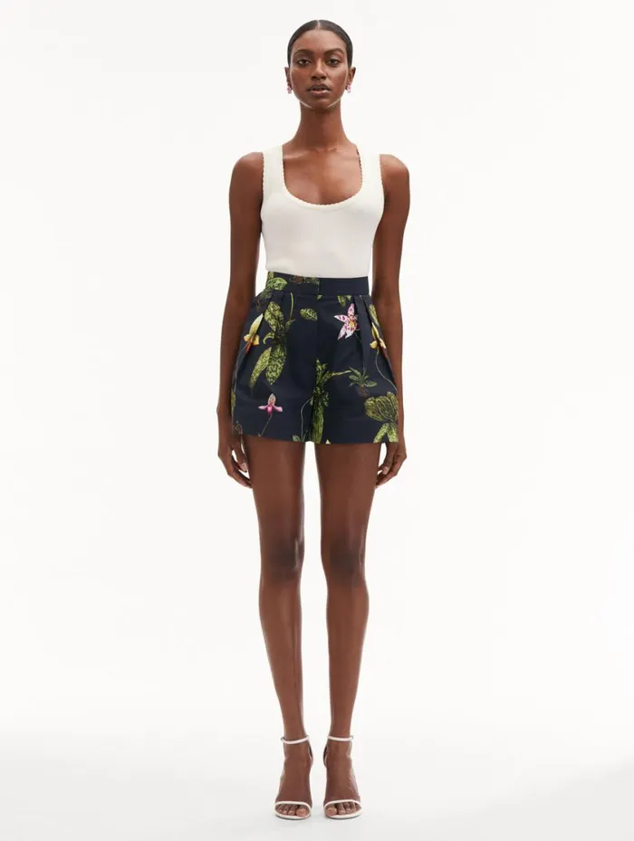 Women Orchid Cotton Poplin Wide Leg Shorts Navy Multi Oscar De La Renta Pants and Skirts Women Orchid Cotton Poplin Wide Leg Shorts Navy Multi Oscar De La Renta Pants and Skirts