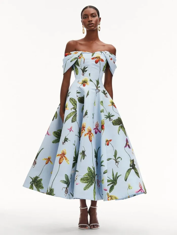 Women Orchid Off Shoulder Faille Gown Light Blue Multi Oscar De La Renta Dresses Women Orchid Off Shoulder Faille Gown Light Blue Multi Oscar De La Renta Dresses