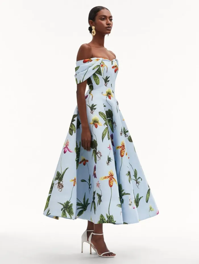 Women Orchid Off Shoulder Faille Gown Light Blue Multi Oscar De La Renta Dresses Women Orchid Off Shoulder Faille Gown Light Blue Multi Oscar De La Renta Dresses