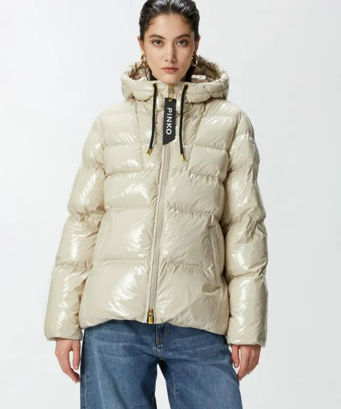 Women Outerwear Pinko Crystal Nylon Pea Jacket Beige