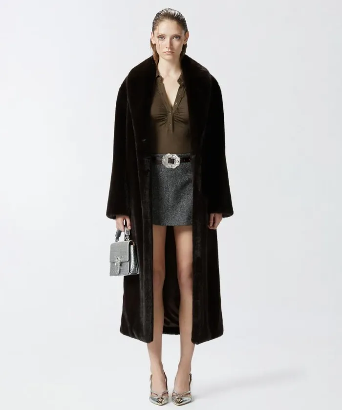 Women Outerwear Pinko Long Faux Fur Coat With Belt Brown