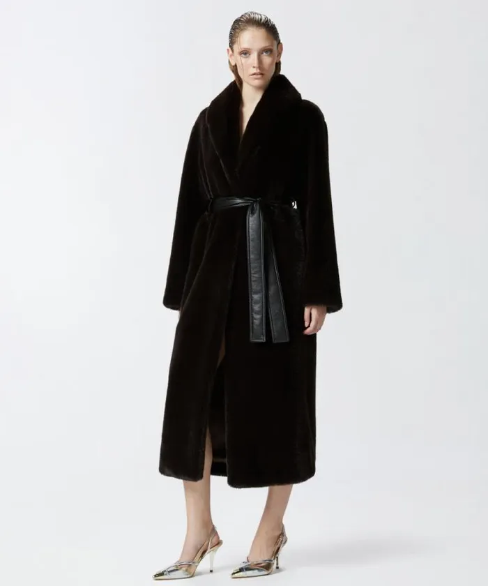 Women Outerwear Pinko Long Faux Fur Coat With Belt Brown Women Outerwear Pinko Long Faux Fur Coat With Belt Brown
