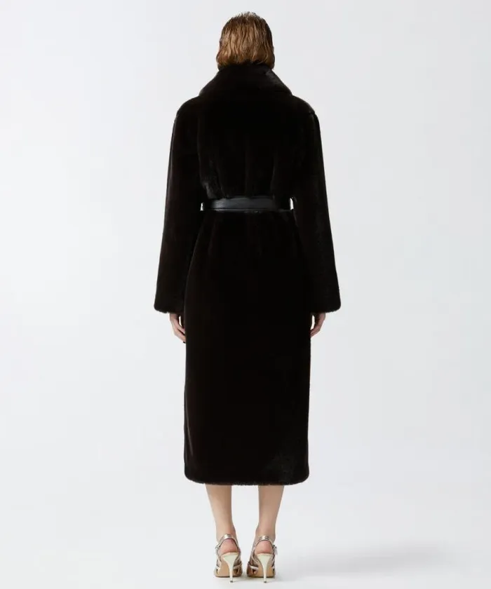 Women Outerwear Pinko Long Faux Fur Coat With Belt Brown Women Outerwear Pinko Long Faux Fur Coat With Belt Brown
