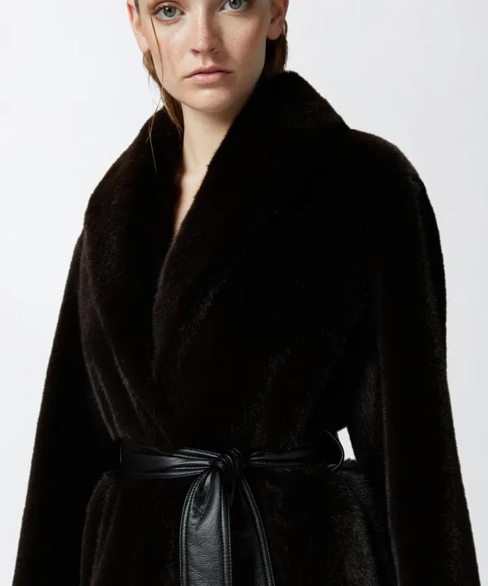 Women Outerwear Pinko Long Faux Fur Coat With Belt Brown Women Outerwear Pinko Long Faux Fur Coat With Belt Brown