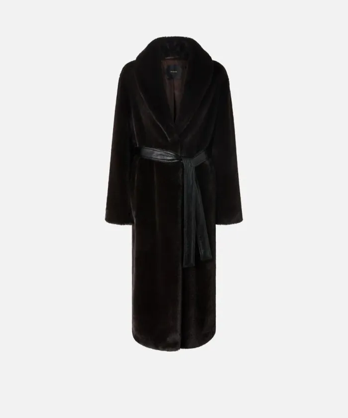 Women Outerwear Pinko Long Faux Fur Coat With Belt Brown Women Outerwear Pinko Long Faux Fur Coat With Belt Brown