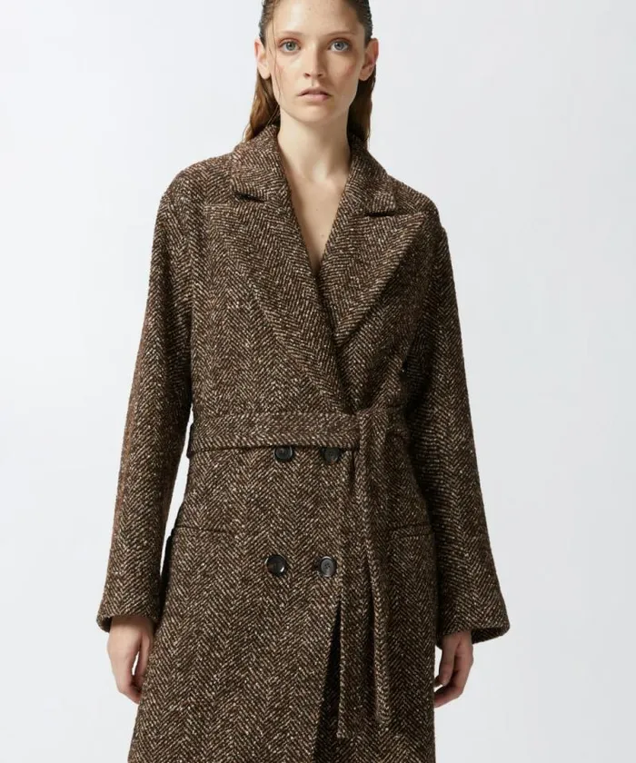 Women Outerwear Pinko Long Herringbone Coat With Belt Brown Camel