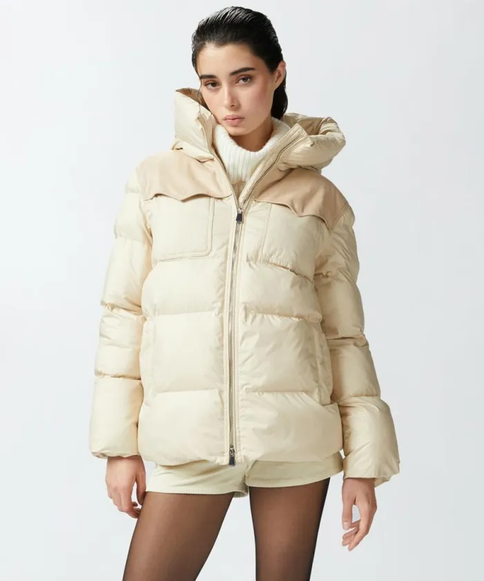 Women Outerwear Pinko Padded Cropped Puffer Jacket With Canvas Insert Oyster Grey Women Outerwear Pinko Padded Cropped Puffer Jacket With Canvas Insert Oyster Grey