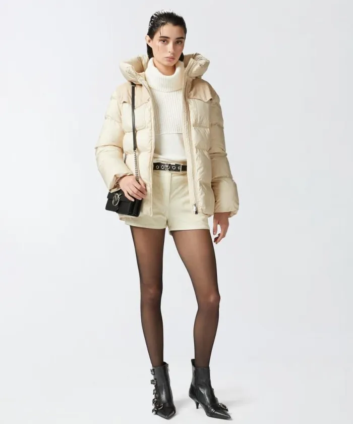 Women Outerwear Pinko Padded Cropped Puffer Jacket With Canvas Insert Oyster Grey Women Outerwear Pinko Padded Cropped Puffer Jacket With Canvas Insert Oyster Grey