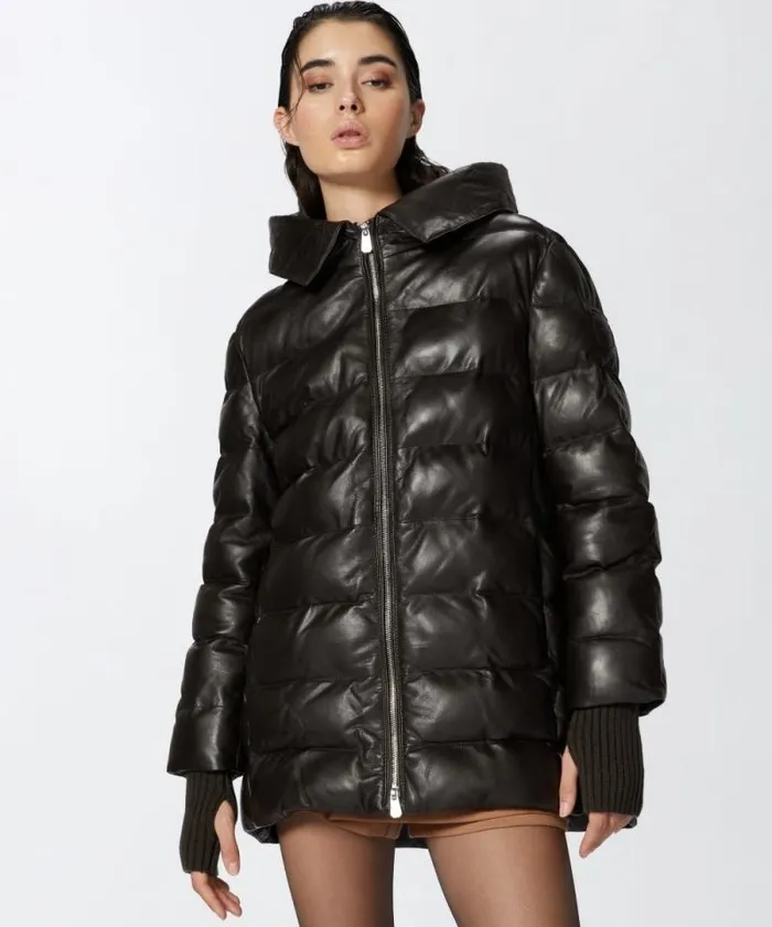 Women Outerwear Pinko Padded Leather Puffer With Hood Very Dark Brown