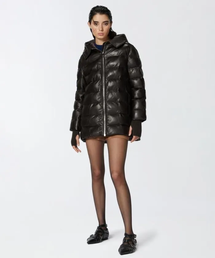 Women Outerwear Pinko Padded Leather Puffer With Hood Very Dark Brown Women Outerwear Pinko Padded Leather Puffer With Hood Very Dark Brown
