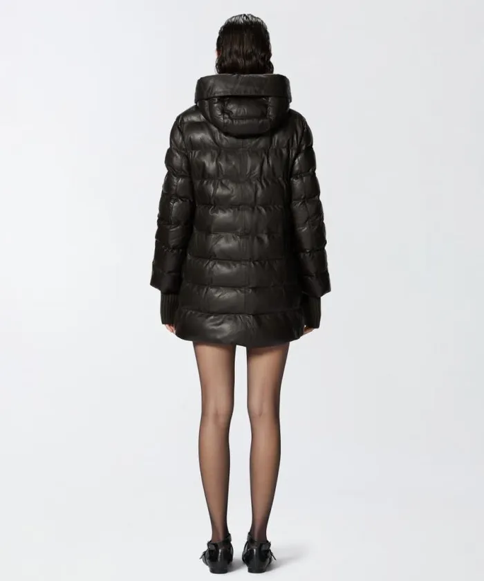 Women Outerwear Pinko Padded Leather Puffer With Hood Very Dark Brown Women Outerwear Pinko Padded Leather Puffer With Hood Very Dark Brown