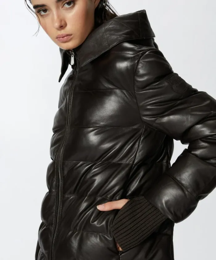 Women Outerwear Pinko Padded Leather Puffer With Hood Very Dark Brown Women Outerwear Pinko Padded Leather Puffer With Hood Very Dark Brown