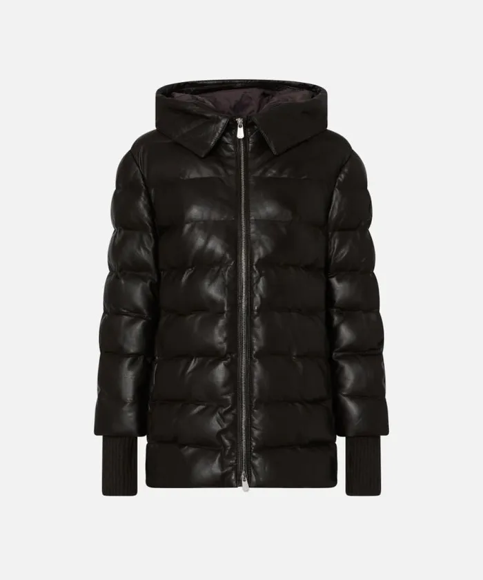 Women Outerwear Pinko Padded Leather Puffer With Hood Very Dark Brown Women Outerwear Pinko Padded Leather Puffer With Hood Very Dark Brown