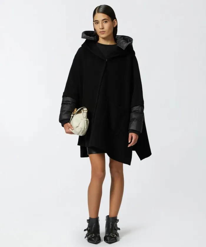 Women Outerwear Pinko Short Cape Coat With Padded Puffer Limo Black Women Outerwear Pinko Short Cape Coat With Padded Puffer Limo Black