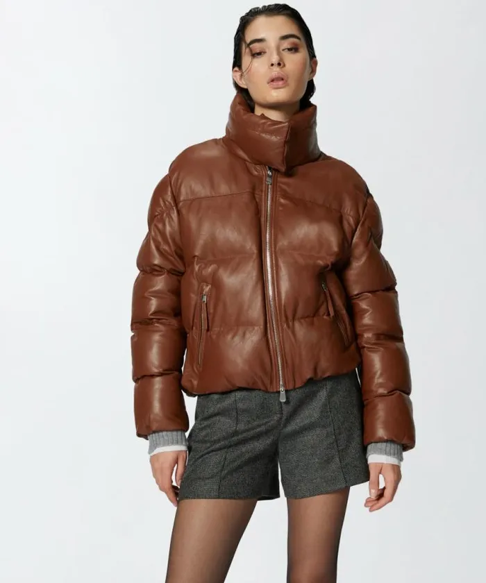 Women Outerwear Pinko Short Padded Leather Highneck Jacket Light Redwood Brown Women Outerwear Pinko Short Padded Leather Highneck Jacket Light Redwood Brown