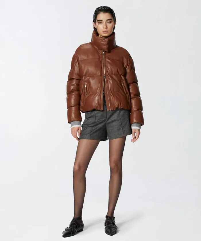 Women Outerwear Pinko Short Padded Leather Highneck Jacket Light Redwood Brown Women Outerwear Pinko Short Padded Leather Highneck Jacket Light Redwood Brown