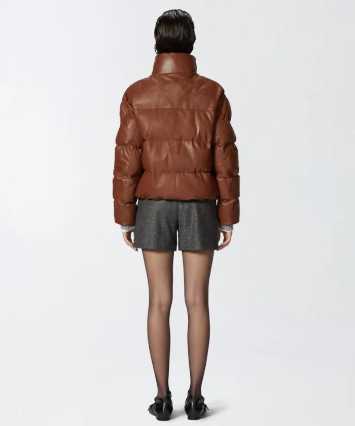Women Outerwear Pinko Short Padded Leather Highneck Jacket Light Redwood Brown Women Outerwear Pinko Short Padded Leather Highneck Jacket Light Redwood Brown