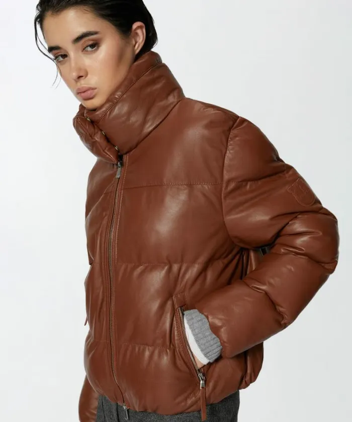 Women Outerwear Pinko Short Padded Leather Highneck Jacket Light Redwood Brown Women Outerwear Pinko Short Padded Leather Highneck Jacket Light Redwood Brown