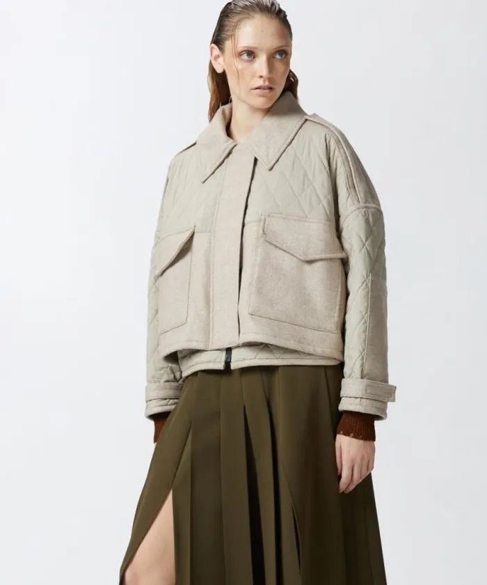 Women Outerwear Pinko Short Quilted Parka With Felt Inserts Beigedark Pebble