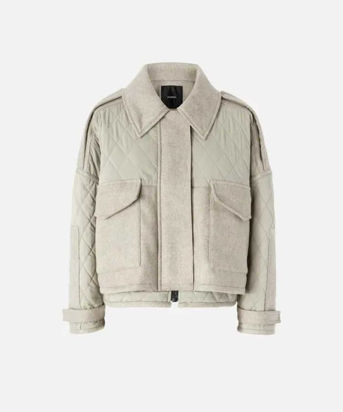 Women Outerwear Pinko Short Quilted Parka With Felt Inserts Beigedark Pebble Women Outerwear Pinko Short Quilted Parka With Felt Inserts Beigedark Pebble