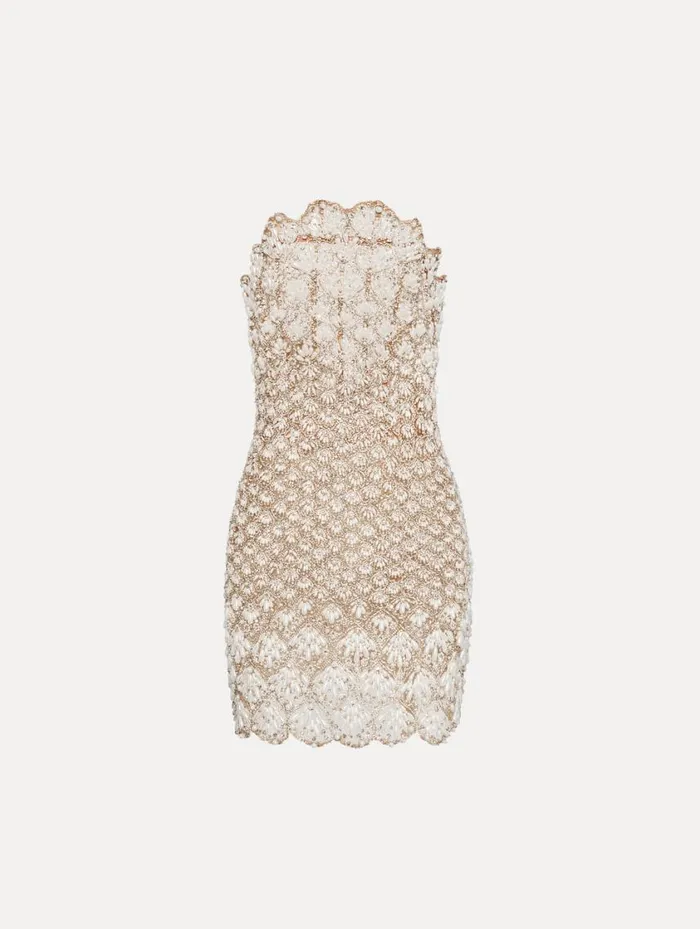 Women Pearl Embroidered Scallop Dress Pearl Oscar De La Renta Dresses