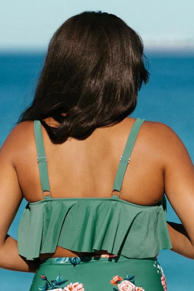 Women Plus Size and Curve Bikinis Cupshe Bree Ruffle Tankini Plus Size Bikini Top Green