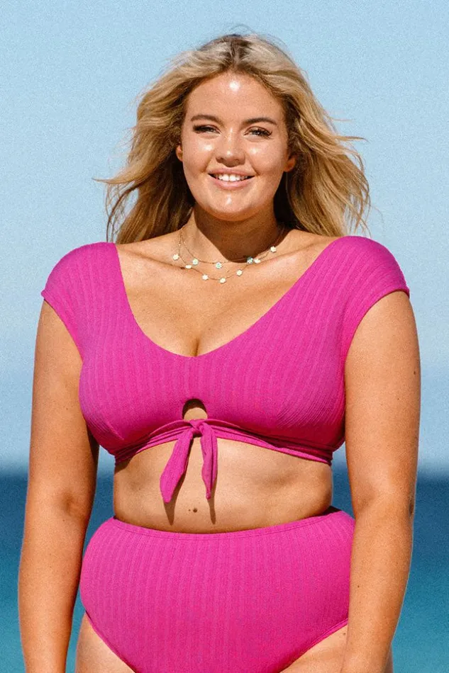 Women Plus Size and Curve Bikinis Cupshe Breezy Rib Faux Tie Cap Sleeve Bralette Plus Size Bikini Top Pink Women Plus Size and Curve Bikinis Cupshe Breezy Rib Faux Tie Cap Sleeve Bralette Plus Size Bikini Top Pink