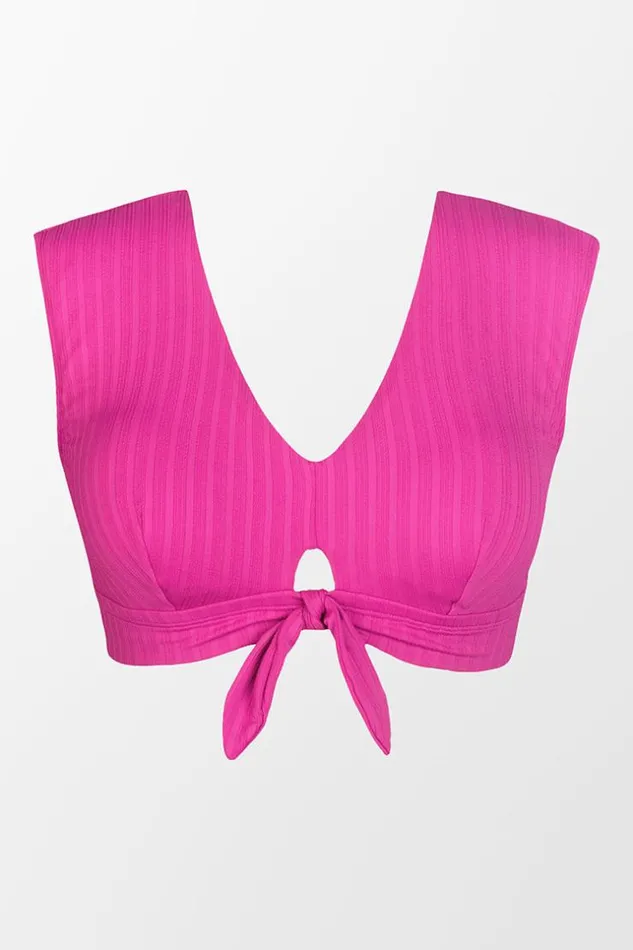 Women Plus Size and Curve Bikinis Cupshe Breezy Rib Faux Tie Cap Sleeve Bralette Plus Size Bikini Top Pink