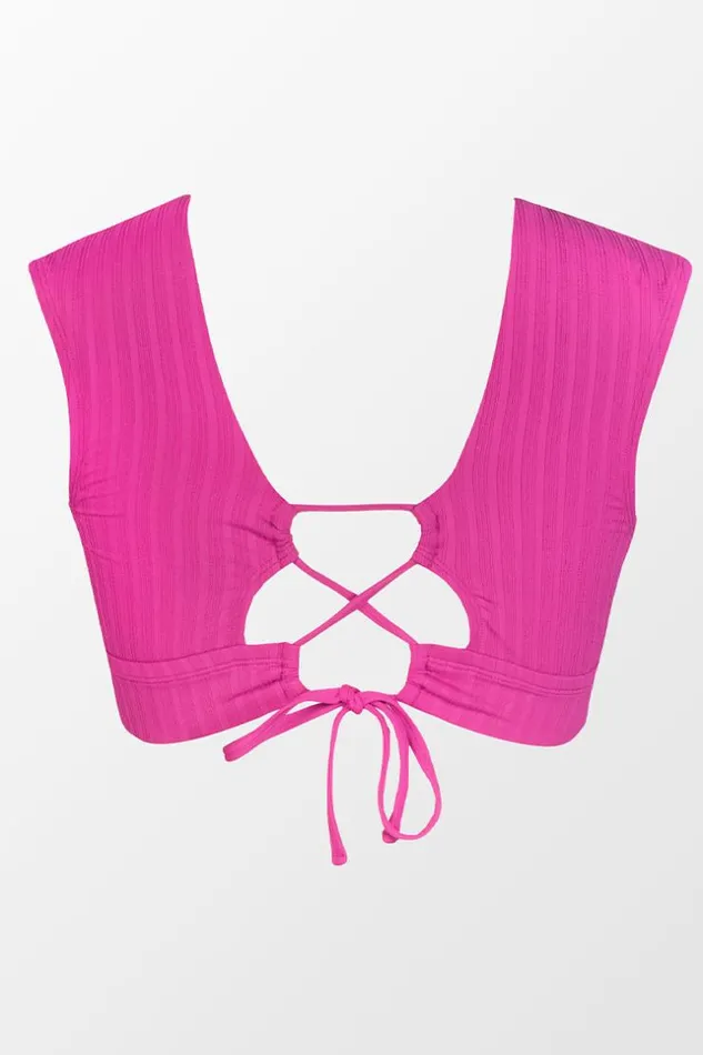 Women Plus Size and Curve Bikinis Cupshe Breezy Rib Faux Tie Cap Sleeve Bralette Plus Size Bikini Top Pink