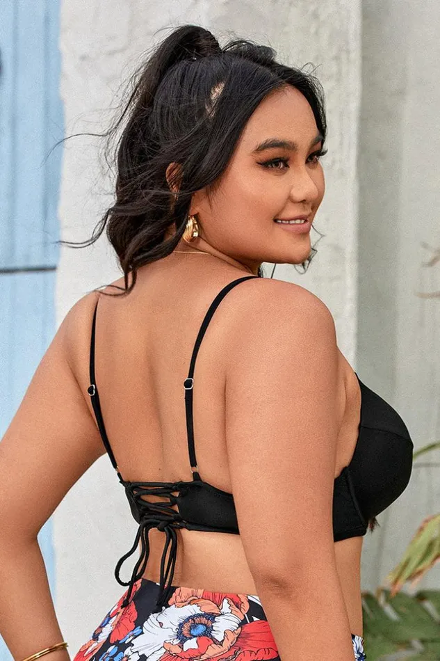 Women Plus Size and Curve Bikinis Cupshe Elizabeth Laceup Back Plus Size Bikini Top Black