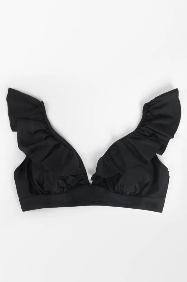 Women Plus Size and Curve Bikinis Cupshe Joelle Black Ruffle Plus Size Bikini Top Black