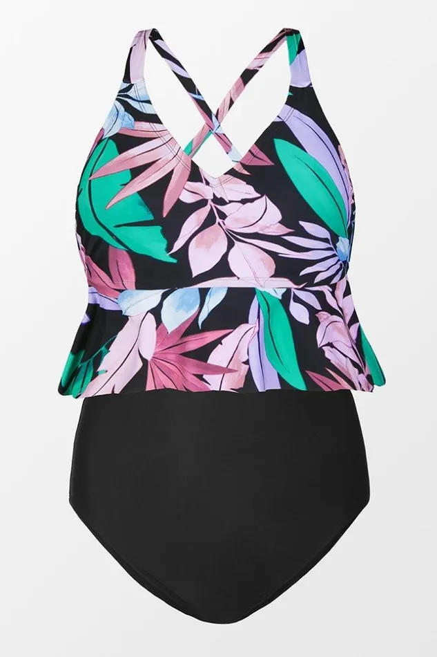 Women Plus Size and Curve Bikinis Cupshe Tropicool Leaf Peplum Tankini And Classic Hipster Plus Size Set Multicolor