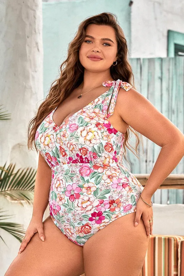 Women Plus Size and Curve Swimsuits Cupshe 90s Floral Shoulder Bow Tie V Neck Plus Size One Piece Swimsuit Multicolor