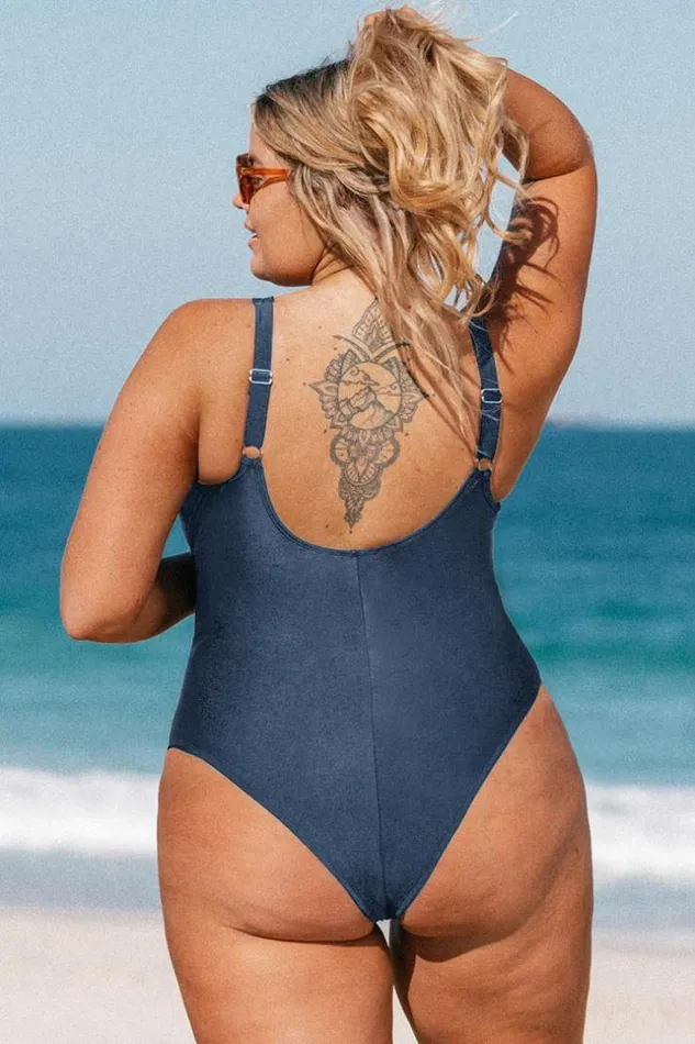Women Plus Size and Curve Swimsuits Cupshe Omniscient Navy Solid Wrap Front Plus Size One Piece Swimsuit Blue