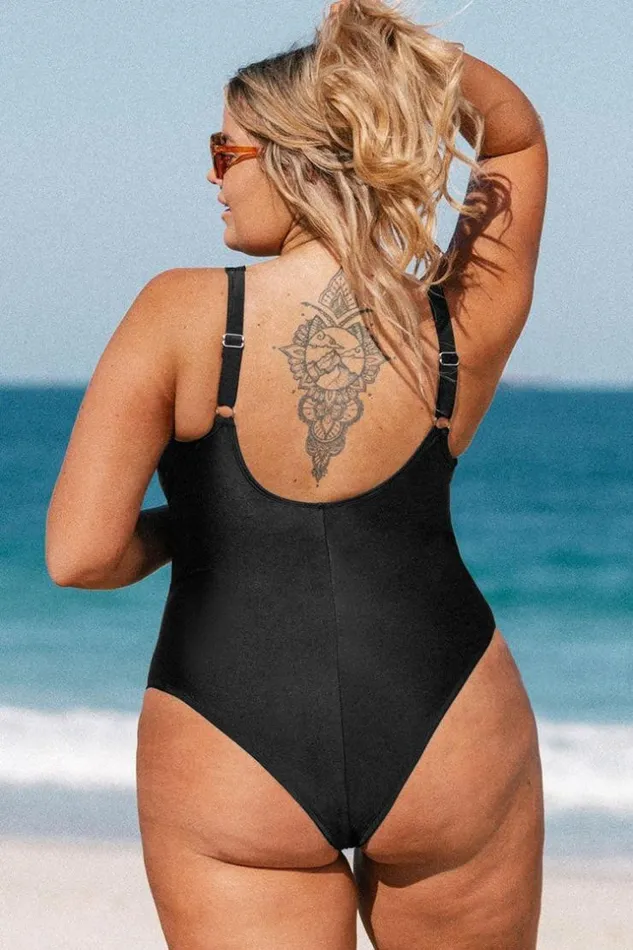 Women Plus Size and Curve Swimsuits Cupshe Omniscient Solid Mesh Panel Plus Size One Piece Swimsuit Black