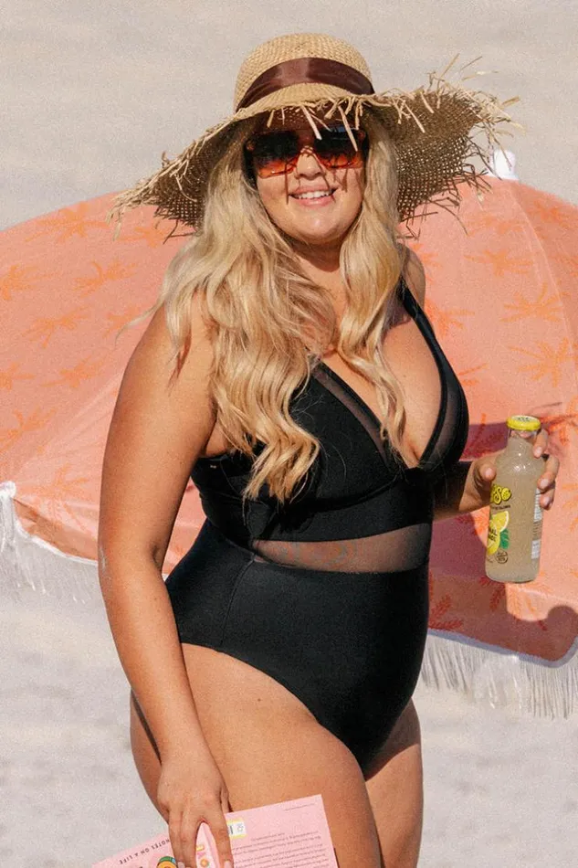 Women Plus Size and Curve Swimsuits Cupshe Omniscient Solid Mesh Panel Plus Size One Piece Swimsuit Black