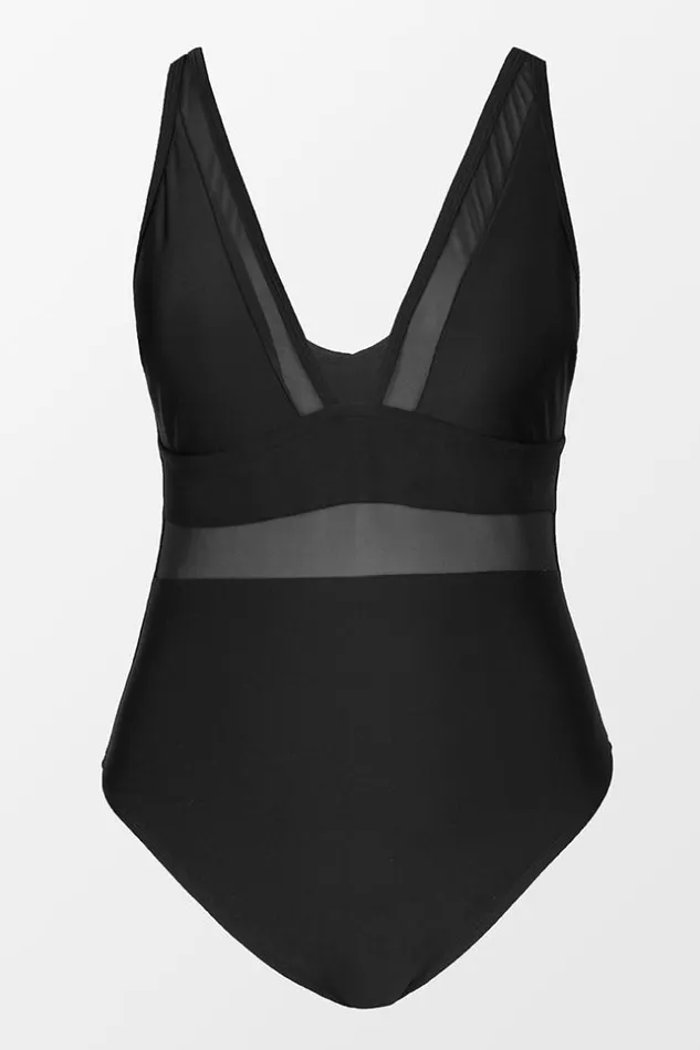 Women Plus Size and Curve Swimsuits Cupshe Omniscient Solid Mesh Panel Plus Size One Piece Swimsuit Black