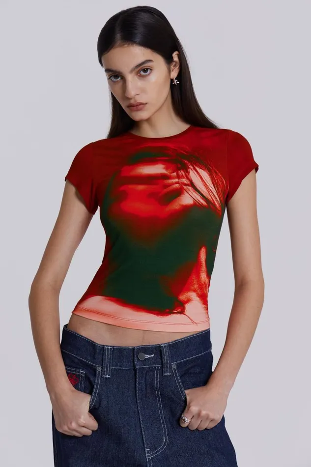 Women Red Motion Face Graphic Baby Tee Jaded London TShirts